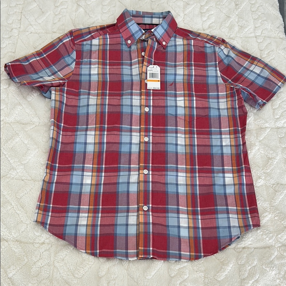 Men's Plaid Short Sleeve Shirt - Red and Blue